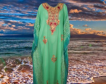 Womens Summer Caftan Sheer Dress, Cruise Maxi Dresses, Sea Green Embroidered Kaftan Dress, Travel Summer Beach Maxi Dresses, L-4XL One size