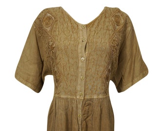 Women's Maxi Dress, Boho Crinkled Button Down Loose Dress, Stonewashed Gold Comfy Dresses L
