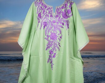 Kaftan For Womens, Floral Kaftan, Mint Green Embroidered Resort wear, Handmade kaftan, Cotton Midi dress, Loose Kaftans L-4XL