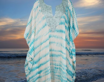 Womens Cruise Maxi Dress, Resort Wear Caftan, Blue Tie Dye Style Kimono Kaftan, Sheer Georgette Embroidered Travel Dresses ONE SIZE L-4XL