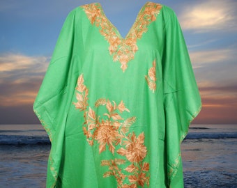 Women Floral Caftan Midi Dress, bright, lime Green Embroidered Resort Wear Cover Up, Bohemian Kaftan L-4XL
