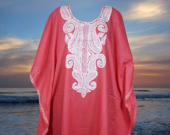 Women's Kaftan Midi Dress, Coral Pink Boho Travel Dresses, Loose Lounger, Cotton Embroidered Summer Caftans One Size L-4XL