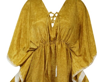 Womens Short Kaftan Dress, Yellow Kimono Sleeves Beach Cover Up Sleepwear Loose Evening Dresses L-2XL