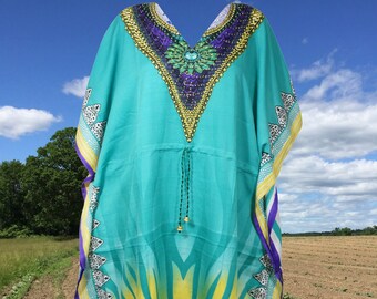 Womans Caftan Dresses, Summer Blue Boho Beach Maxi Dresses, Travel Kaftan Resort Dresses L-2XL, One size