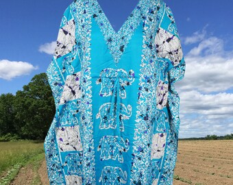 Women's Long Kaftan Dress, Travel Maxi Dress, Blue Elephant Print Cruise Kaftan, Hippie Chic Maxi, Loose Boho dress gift L-2XL