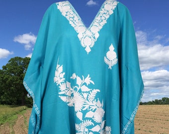 Women kaftan Dress, Teal Blue Orchid Floral Embroidery Mid Length, Cotton Kimono Resort Wear, Kaftan Dresses, One size L-4XL