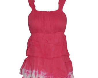 Bohemian Dresses ,Womens Midi Dress Pink Tie Dye Ruffle Strappy Layered Sleeveless Boho Dresses M