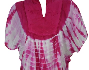 Hippy Beach Kaftan Tunic Pink Tie Dye Cover Up, Kimono Gypsy Boho Chic Summer Rayon Loose Comfy Blouse Kaftan Top