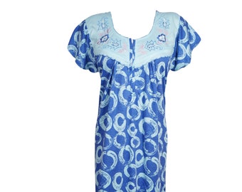 Women Maxi Dress, Nightgown, Blue Floral Printed Maternity Dresses, Nightwear, Housedress Sleepwear Kaftan M