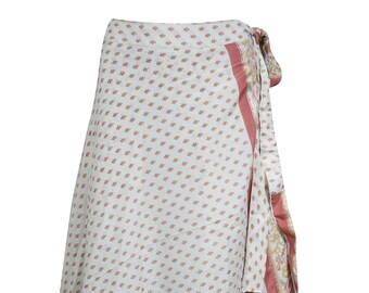 Womens Wrap Skirt, Indian Vintage Sari Skirt, Beach Wear Reversible 2 Layer Skirts, White Floral Printed Maxi Wrap Skirts One Size