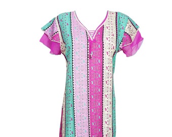 Women Maxi Dress, Kaftan, Comfy Pink Printed Sleepwear, Maternity Bohemian Loose House Dress, Cover Up Housedress M