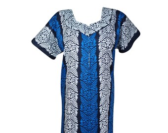 Womens Maxi Dresses, Kaftan, Blue White Cotton Caftan Dress, Maternity, Printed Sleepwear, Housedress, Nightgown, Dresses L