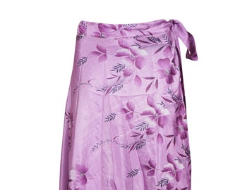 Womens Wraparound Skirt, Lavender Blue Floral Reversible Sari Beach Dress Handmade Sarong Coverup One Size