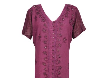 Womens Maxi Dresses, Pink BORDEAUX GLOW Loose Shirt dress, Resort Wear, Boho Embroidered Travel Dress L
