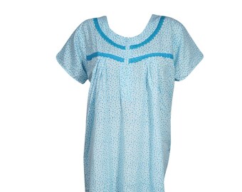 Women's Maxi Caftan Dress, Maternity Blue Floral Printed Lounger Dresses, Boho Patio Dress, Loose Cruise Dress L