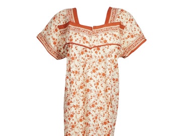 Womens Cotton Maxi Dress, Summer Dress, Orange Floral Printed Cotton Dress, Sleepwear, Lounger, Resort Wear Dresses L