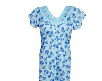Women's Caftan Dresses, Kaftan Maxi Dress Blue Print Night Dress, Lounger , Sleep Dress, Casual Nightwear Gown S/M