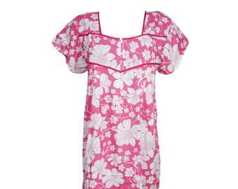 Women's Maxi Dress, Pink White Floral Printed Kaftan, Boho Caftan, Sleepwear, Caftan, Resort wear, Housedress Nightgown L