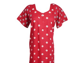 Womens Maternity Dress, Red White Cotton Night Gown Sleepwear, Nightwear Maxi Soft Night Suit Printed Loose Nightgown Housedress M