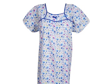 Womens Cotton Maxi Dress, Blue Maxi Dresses, Floral Cotton Summer House Dress, Sleepwear Evening Dresses L
