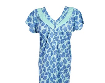 Womens Nightgown Kaftan, Blue Floral Print Nightdress, Maxi Caftan Casual Nightwear, Soft Maternity Housedress Gown M