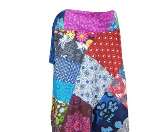 Womens Wrap Skirt, Bohemian Patchwork Blue Black Print Cotton Long Maxi Wrap Around Skirt One size