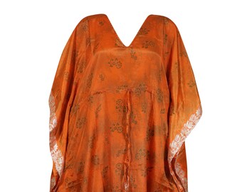 Women's Maxi Caftan Dress, Orange Print Resort Beach Cover ups Resort Lounge wear Sari Caftan Dress L-2XL ONESIZE