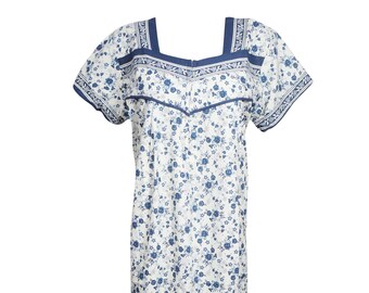 Womens Cotton Maxi Dress, Boho Cruise Dress, Blue Floral Printed Cotton Dress, Lounger, Resort Evening Dresses L