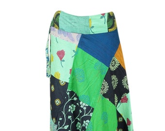 Womens Wrap Around Skirts, Cotton Summer Skirts, Green Black Patchwork Boho Maxi Skirt, Bohemian Fashion One Size