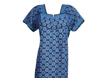 Women's Cotton Caftan Dress , Maxi Dress , Lounger Nighty Blue Printed Nightgown L