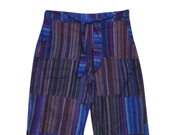 Boho Hippy Pants, Unisex Blue Patchwork Yoga Trousers Pants Funky Festival Hippy Pajama S/M
