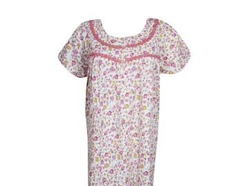 Womens Nightgown Caftan Dress, Kaftan, Pink White Floral Printed Lounger Dress, Housedress, Nightwear, Patio Dresses L