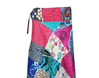 Womens Wrap Skirt, Patchwork Ankle Length Skirt in Blue Pink Square Patches with Flower Print Wrap Around Skirts One Size