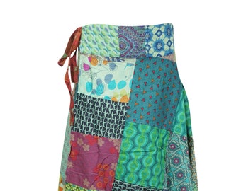 Womens Wrap Around Skirt, Long Green Floral Cotton Patchwork Skirt Hippie Indi Boho Fashion Skirts One size