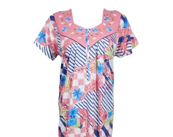 Women's Maxi Caftan Dress, Muumuu, Pink Floral Printed Short Sleeves Sleepwear Cruise Lounger Evening Dresses M