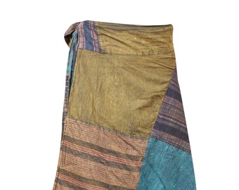 Womens Wrap Skirt, Olive Gold Patchwork Boho Skirt, Cotton Stripe Print, Midi Hippie Skirt, Gift For Her, Festival Beach Skirt, One size