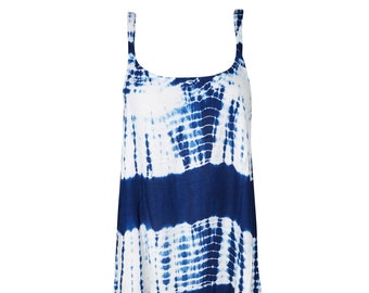 Vintage women Casual Beachwear Tank Dress, Maxi Coverup Blue White Tie Dye Rayon Dresses, Gifts Women S