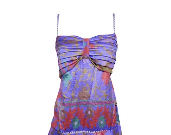 Women's Floral Dress Ruffled Spaghetti Strap Ethical Bohemian Recycled Sari Purple Printed Summer Bohochic Sundress S/M