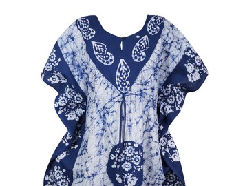 Womens Kaftan Maxi Dress, Cotton Dark Blue Tie Dye Printed Kaftan, Lounger Summer Wear, BOHO Beachwear Long Caftan, Gift L-3XL, One Size