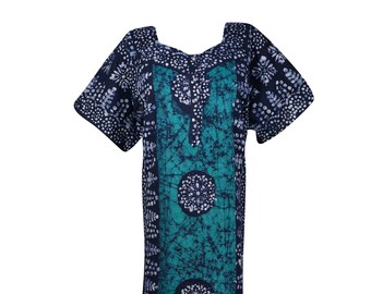 Womens Cotton Maxi Dress, Kaftan, Blue green Batik Printed Cotton Maxi Caftan Dress, Short Sleeves Sleepwear Evening Dresses XL