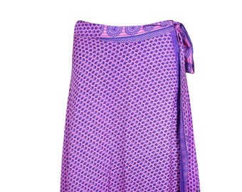 Womens Long Wrap Skirt, Vintage Sari Skirt, Beach Wear Reversible 2 Layer Skirts, Purple Pink Floral Printed Wrap Skirts One Size