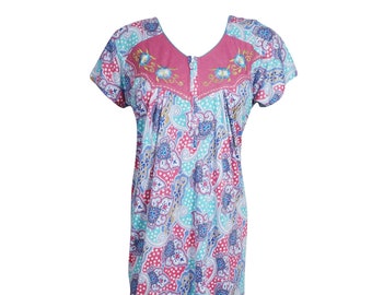 Women's Maxi Caftan Dress Blue Printed Short Sleeves Sleepwear Holiday Evening Dresses M