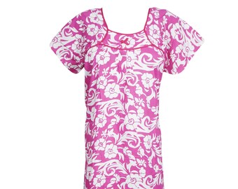 Womens Maxi Caftan Dress, Kaftan, Pink White Printed Sleepwear, Bohemian Loose Lounger Dress, L