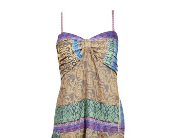 Boho Sundress, Strap Dress, Summer Dress, Multicolor Printed Silk Ruffled Dress, Spaghetti Strap Dress Bohemian Dresses S/M