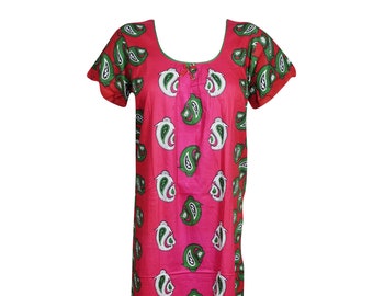 Womens caftan Dress, Pink Green Paisley Print Cotton Nighty Gown Sleepwear Nightwear Maxi Soft  Housedress M