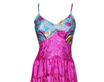 Womens Resort Dress, Beach Dress, Pink blue Spaghetti Strap Recycled Sari Vintage Printed Summer Holiday Sundress S/M