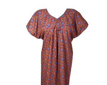 Women's Red Blue Maxi Dress, Printed Kaftan, Boho Caftan, Sleepwear, Caftan, Resort wear, Housedress Nightgown XL