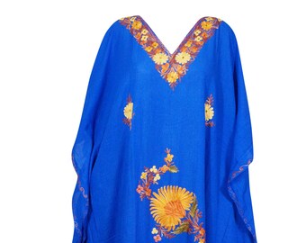 Womens Long Kaftan Dress, CHRISTMAS GIFT, Resort Wear, Blue Embroidered Floral, House Dress, Cruise Caftan, Holiday gift L-4XL