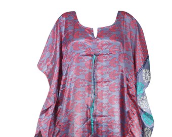 Womens Printed Maxi Kaftan Beach Dress, Beach Coverup, Floral Print, Gray Red Recycle Sari Beach Caftan, HI DRAWSTRING One Size L-XL