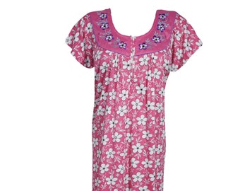 Women Maxi Dress, Nightgown, Pink Floral Printed Dresses , Front Zip Neck, Nightwear, Housedress Sleepwear Kaftan Dresses L